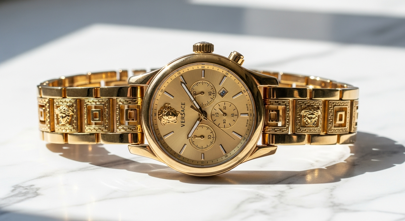 Versace Chain Reaction Ladies Gold Watch VEHD00520 with gold stainless steel case and black dial