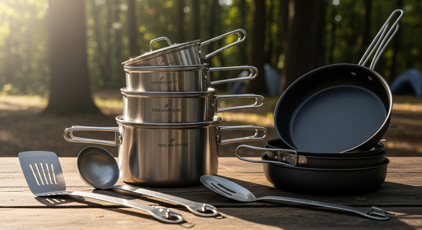 Toolbrothers Outdoor 10-Piece Camping Cookware Set displayed with all components organized