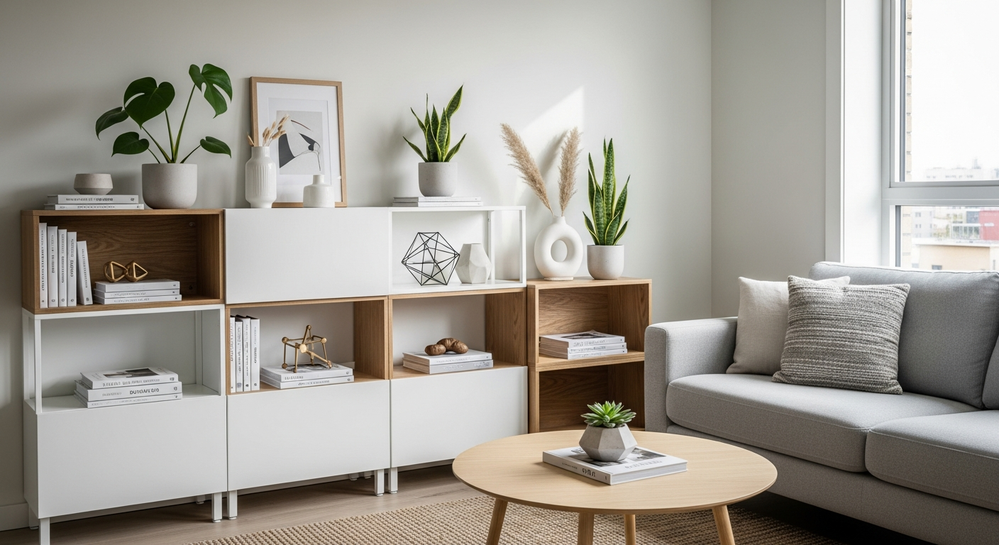 Modern customizable shelving system installed in a small apartment living room