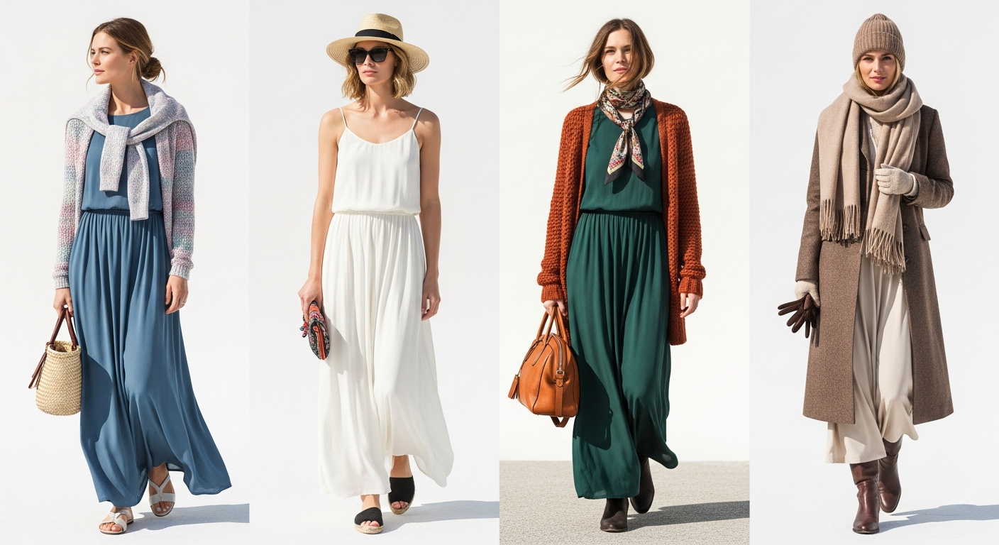 Ulla Popken button-front maxi dress styled for multiple seasons and occasions
