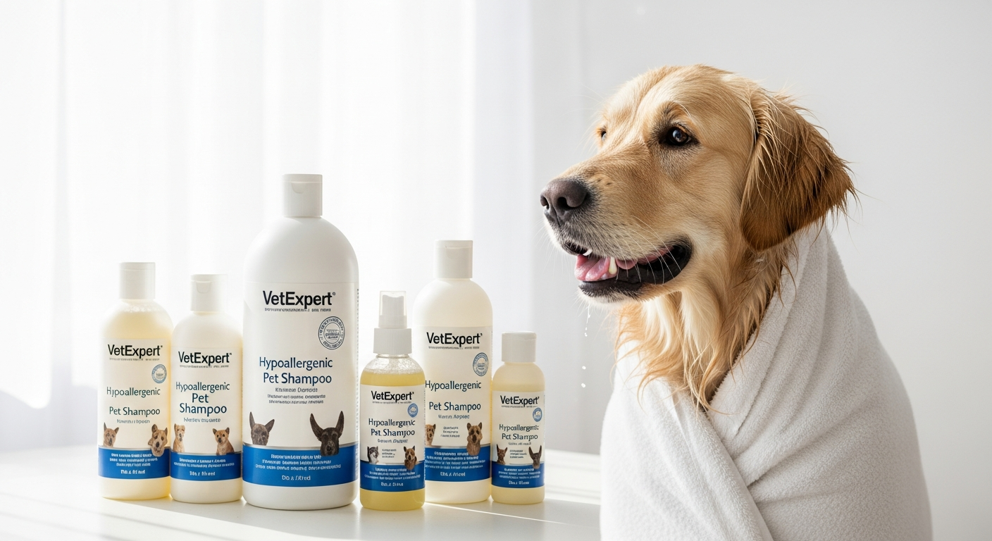VetExpert Hypoallergenic Pet Shampoo bottle with natural ingredients for sensitive skin