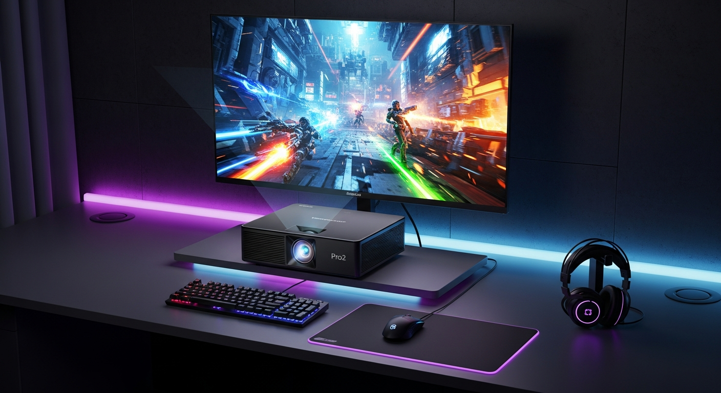 Valerion VisionMaster Pro2 4K laser projector displaying vibrant gaming content on large screen