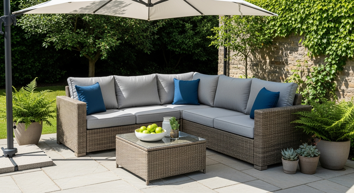 VidaXL poly rattan garden lounge set with grey cushions on a modern patio