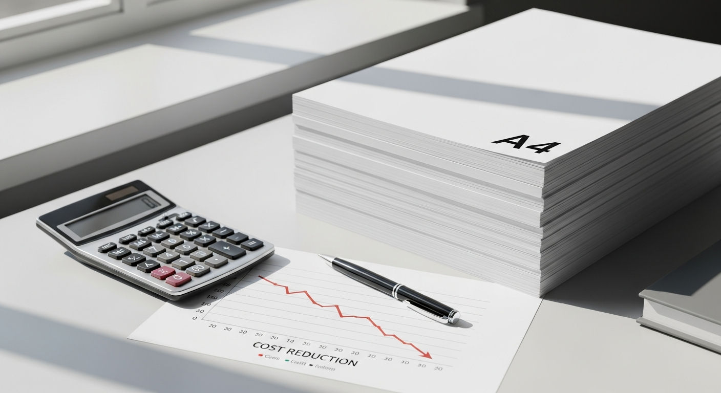 Stack of white A4 printer paper reams showing 80 gsm specifications