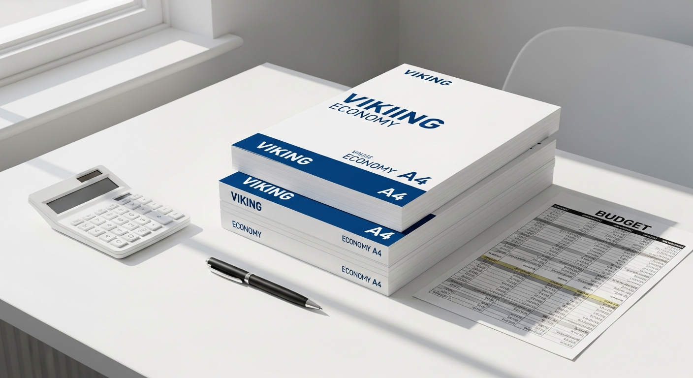 Stack of white Viking Economy A4 printer paper reams on office desk
