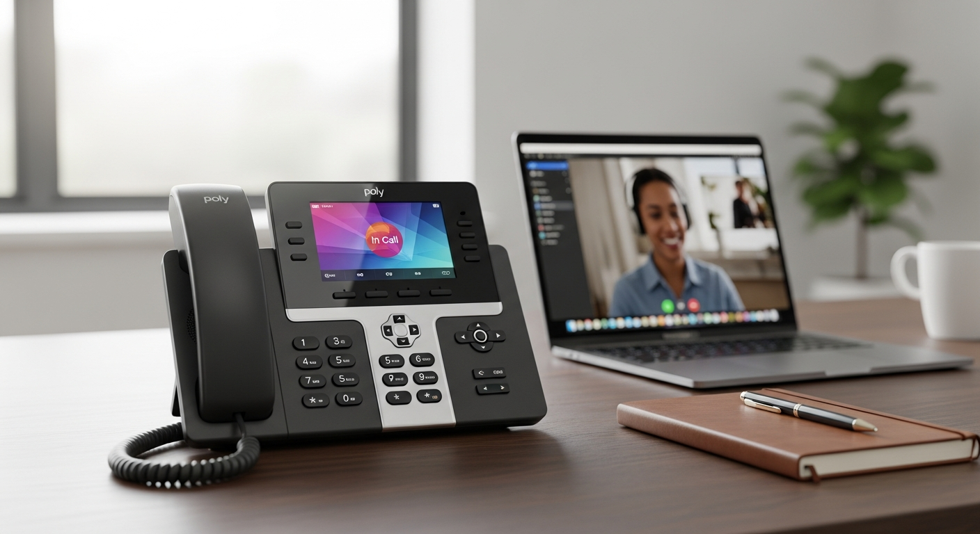 Poly VVX 250 Business IP Phone displayed on modern home office desk with computer setup