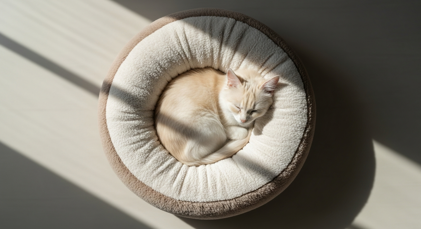 Calming donut pet bed with raised rim and soft faux fur material for anxious pets