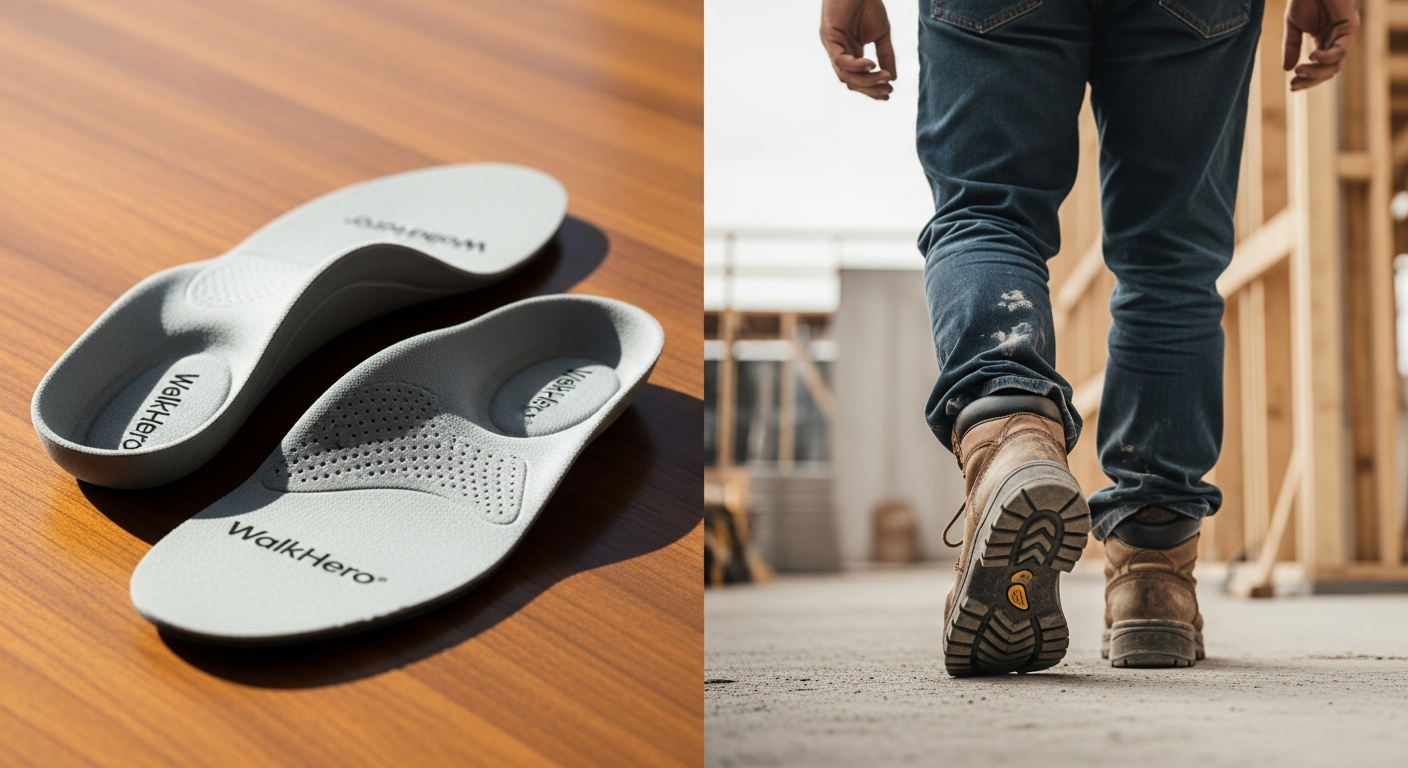 WalkHero Arch Support Insoles displayed in multiple shoe types for active workers