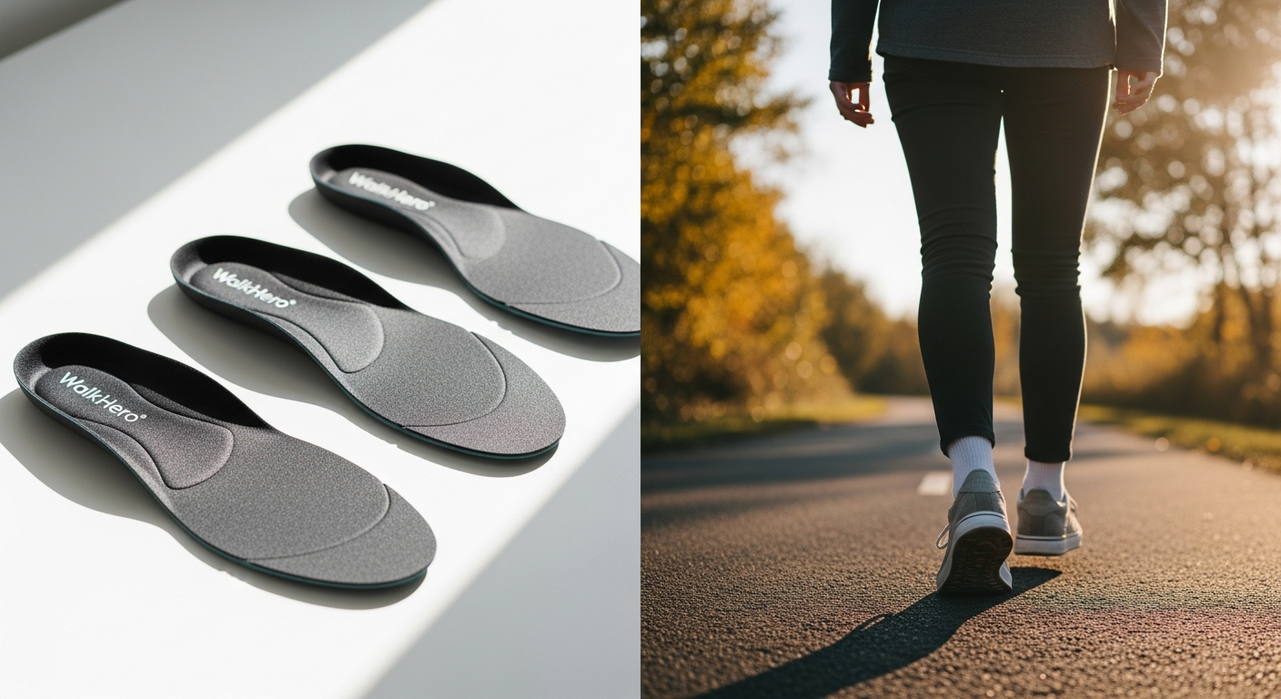 WalkHero arch support insoles displaying deep heel cup design and EVA-PUR material construction for foot pain relief
