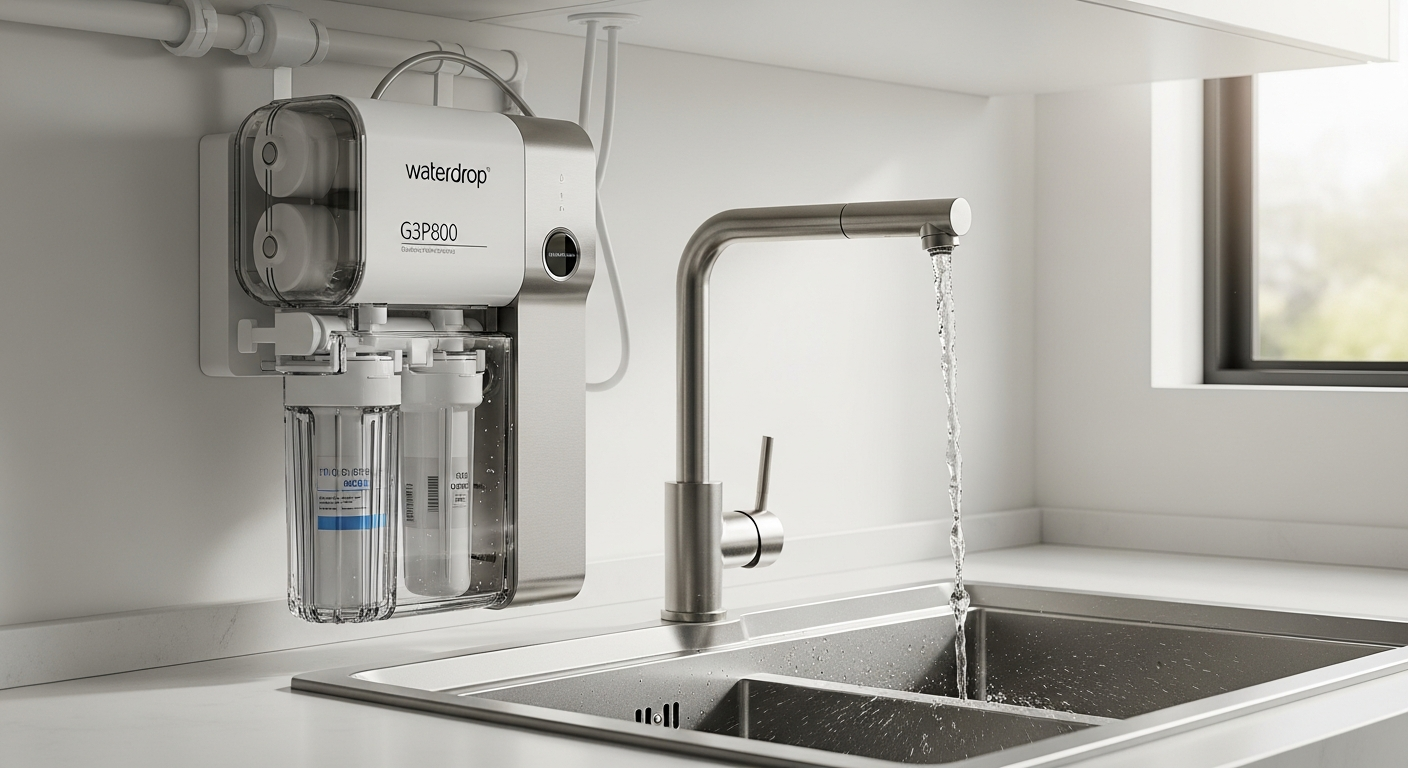 Waterdrop G3P800 tankless reverse osmosis system with smart faucet display