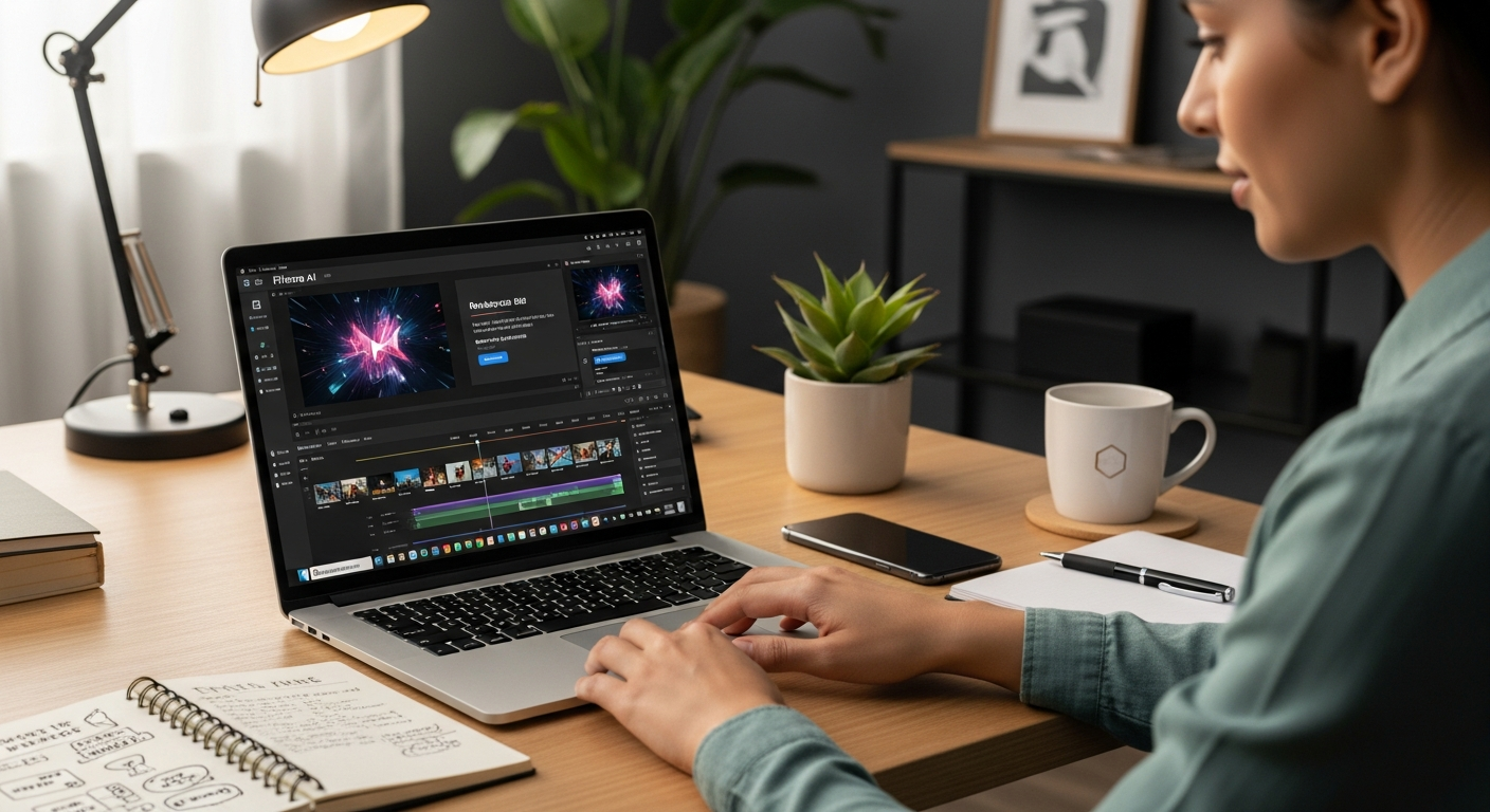 Wondershare Filmora AI video editor interface showing timeline, effects library, and AI-powered editing tools for small business marketing