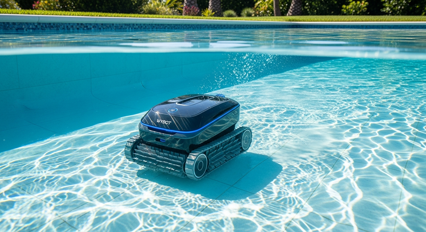 WYBOT C2 Vision AI robotic pool cleaner cleaning pool floor underwater