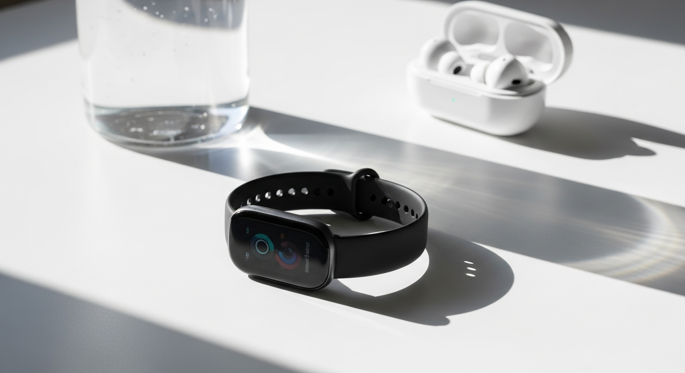 Xiaomi Smart Band 10 fitness tracker displaying AMOLED screen and health metrics