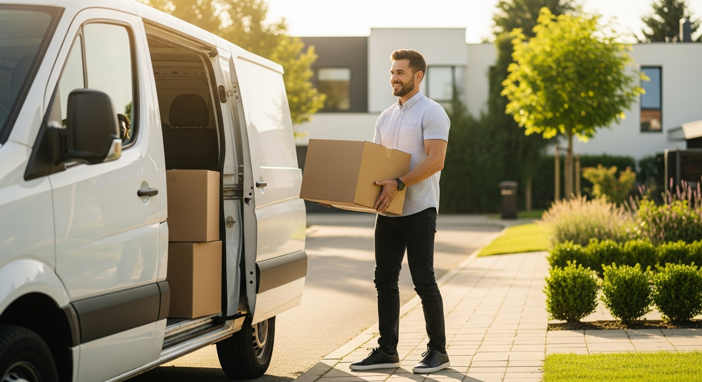 Professional moving van with AnyVan branding and uniformed movers loading household items