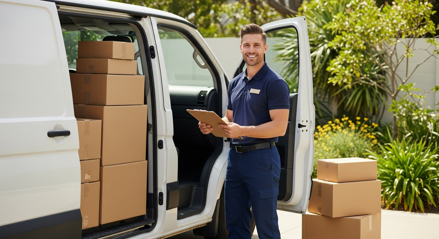 Professional moving van with AnyVan branding parked outside residential property