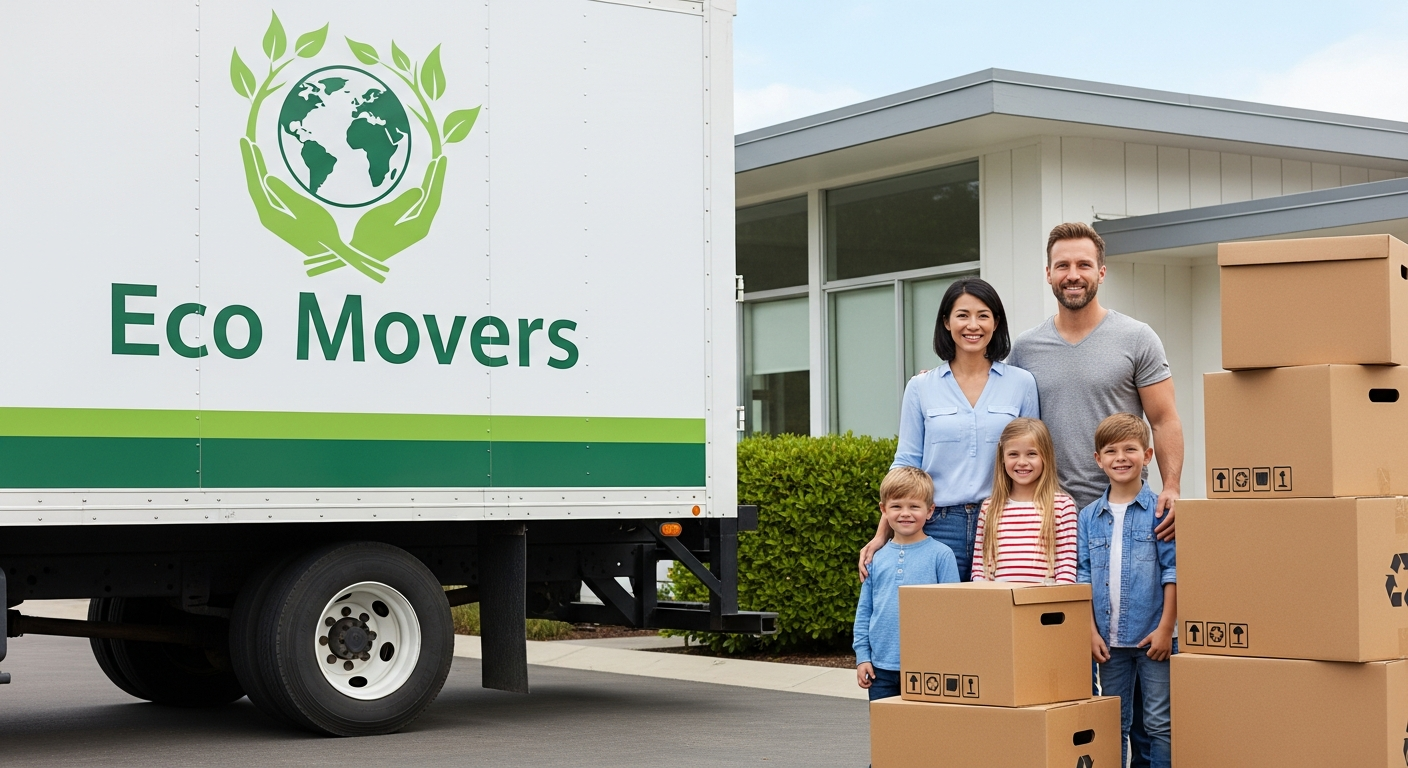 Professional moving van with eco-friendly branding transporting household items
