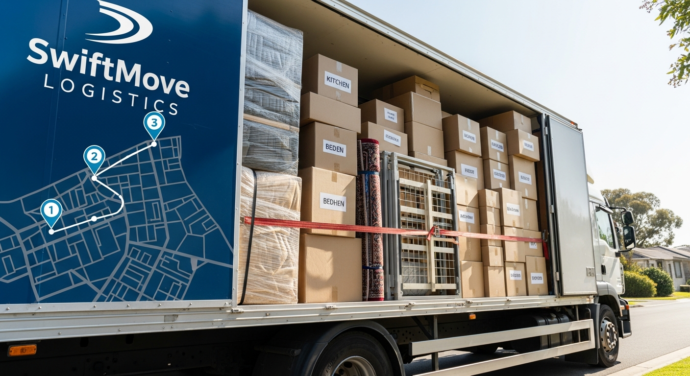 Anyvan moving truck loading boxes at multiple residential locations during a complex multi-stop house move