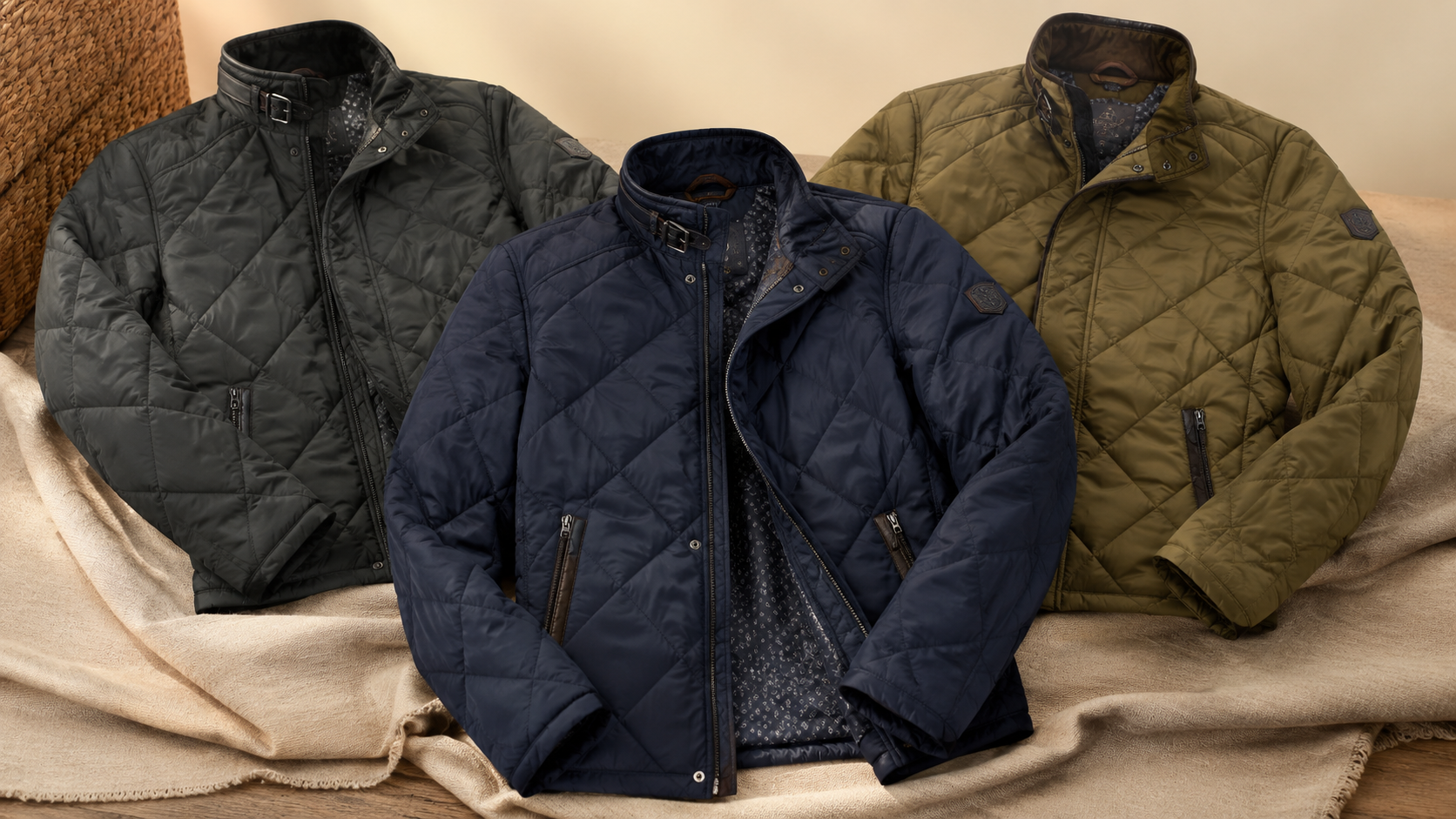 Three Milestone quilted jackets in navy, charcoal, and olive green displayed on a neutral fabric backdrop, showcasing diamond quilting, stand collars, and premium lightweight outerwear design.