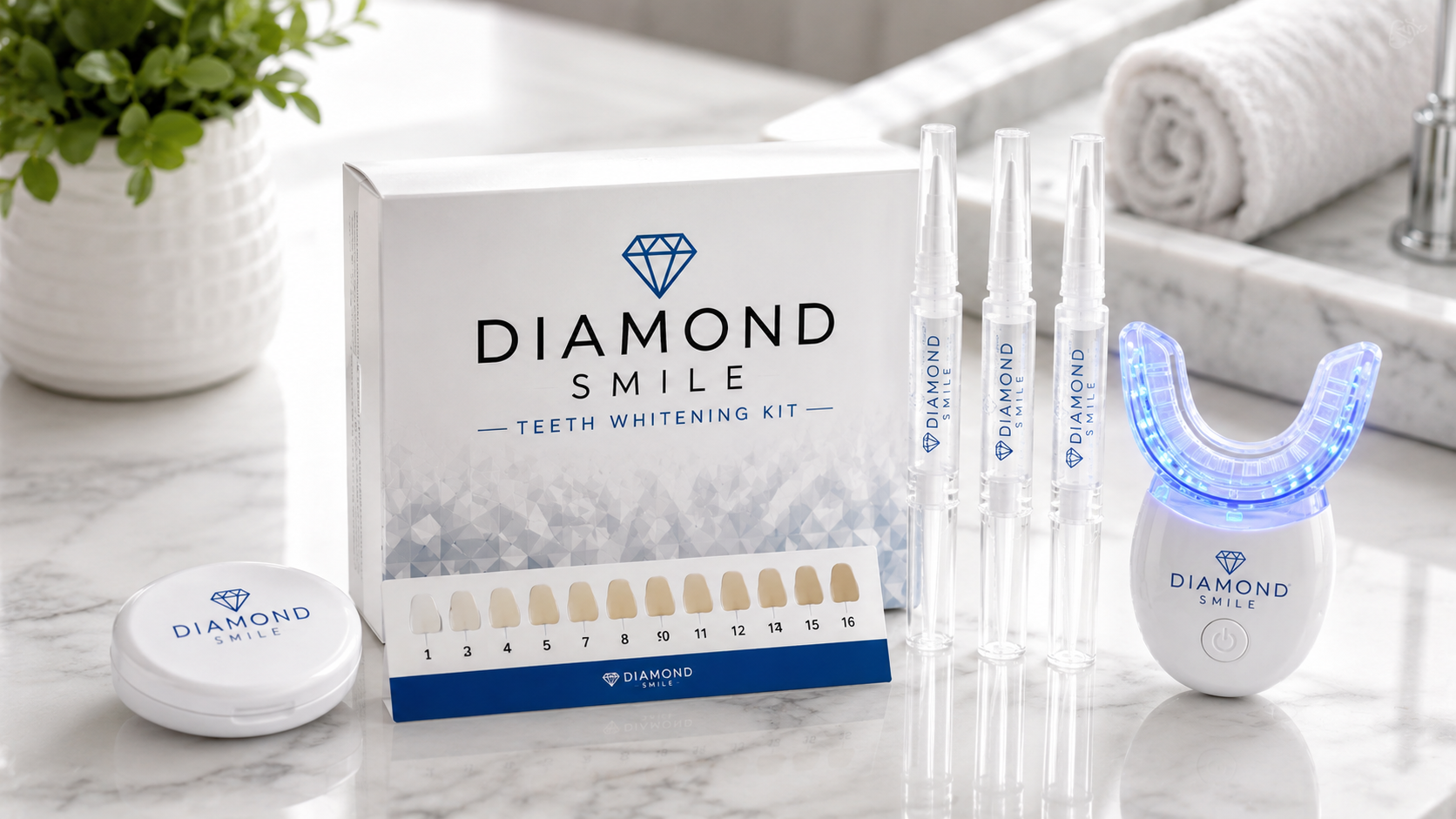 "Diamond Smile Whitening Kit featuring an LED whitening light, whitening gel pens, tooth shade guide, and storage case on a modern marble bathroom countertop."
