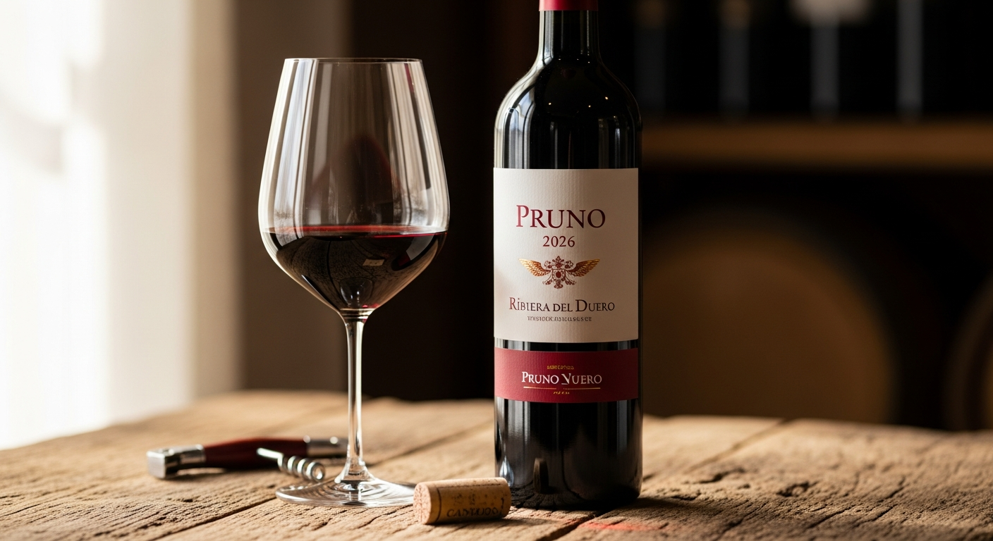 Pruno 2026 Ribiera del Duero red wine bottle with glass on vineyard background