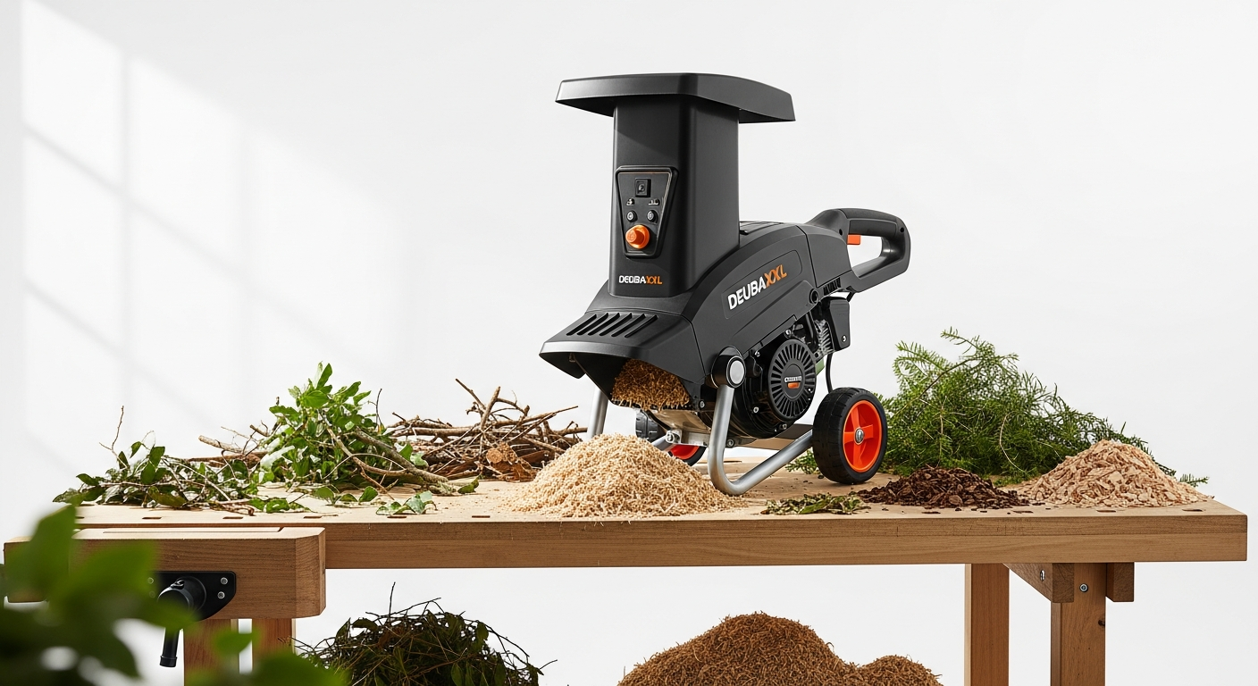 DeubaXXL 2400W electric garden shredder with dual collection bags in garden setting