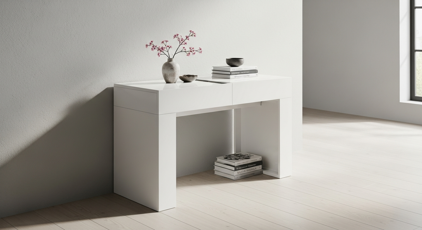 Mesa consola extensible blanco brillo moderna con mecanismo de extensión