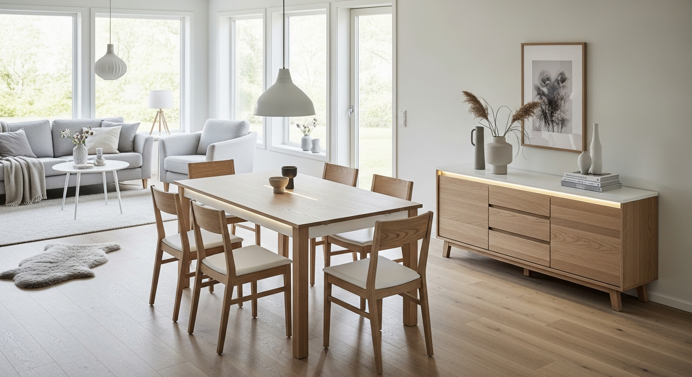 Modern Nordic living room furniture with integrated LED lighting and modular storage design