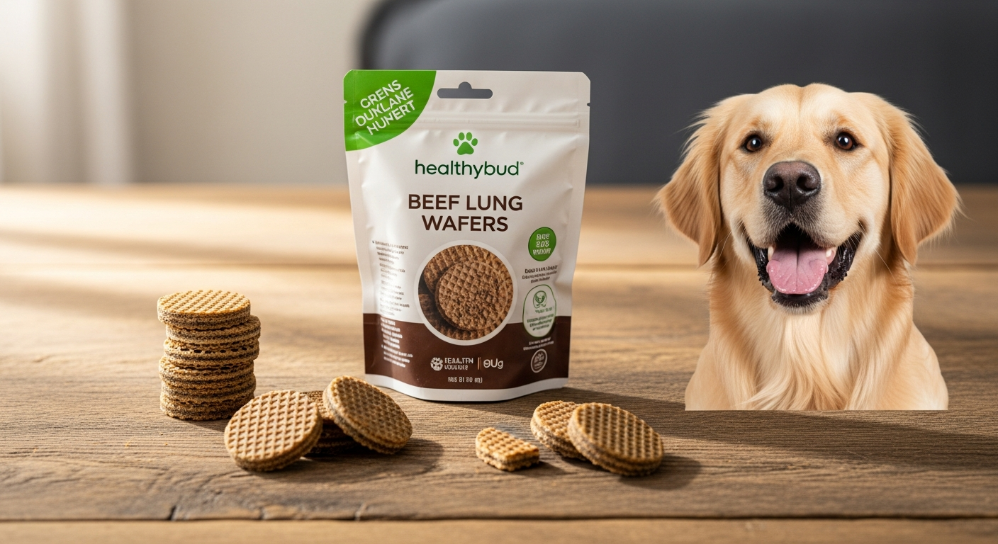 Healthybud Beef Lung Wafers dog treats package displayed with fresh beef
