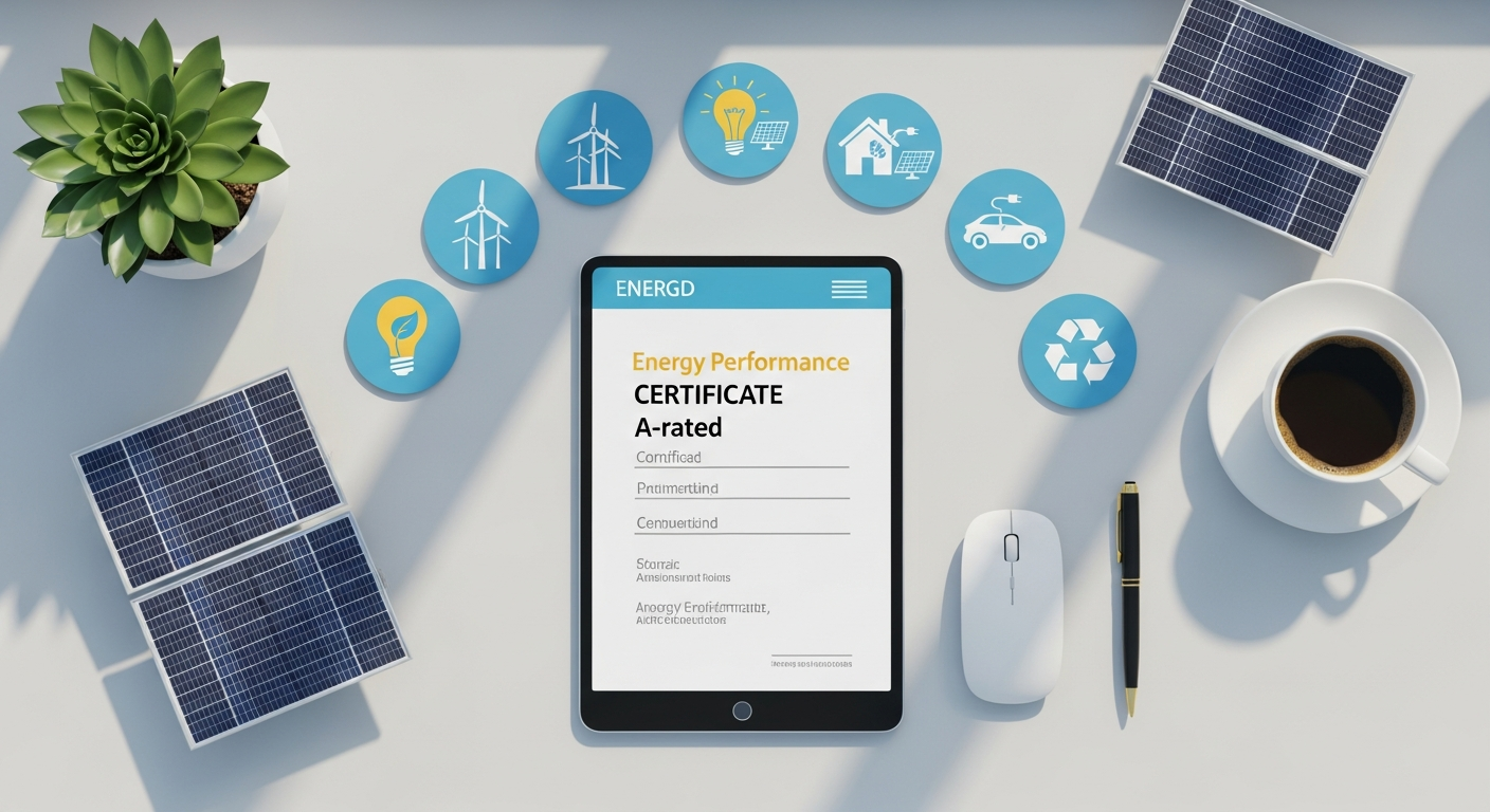 German property manager reviewing energy performance certificate on computer screen