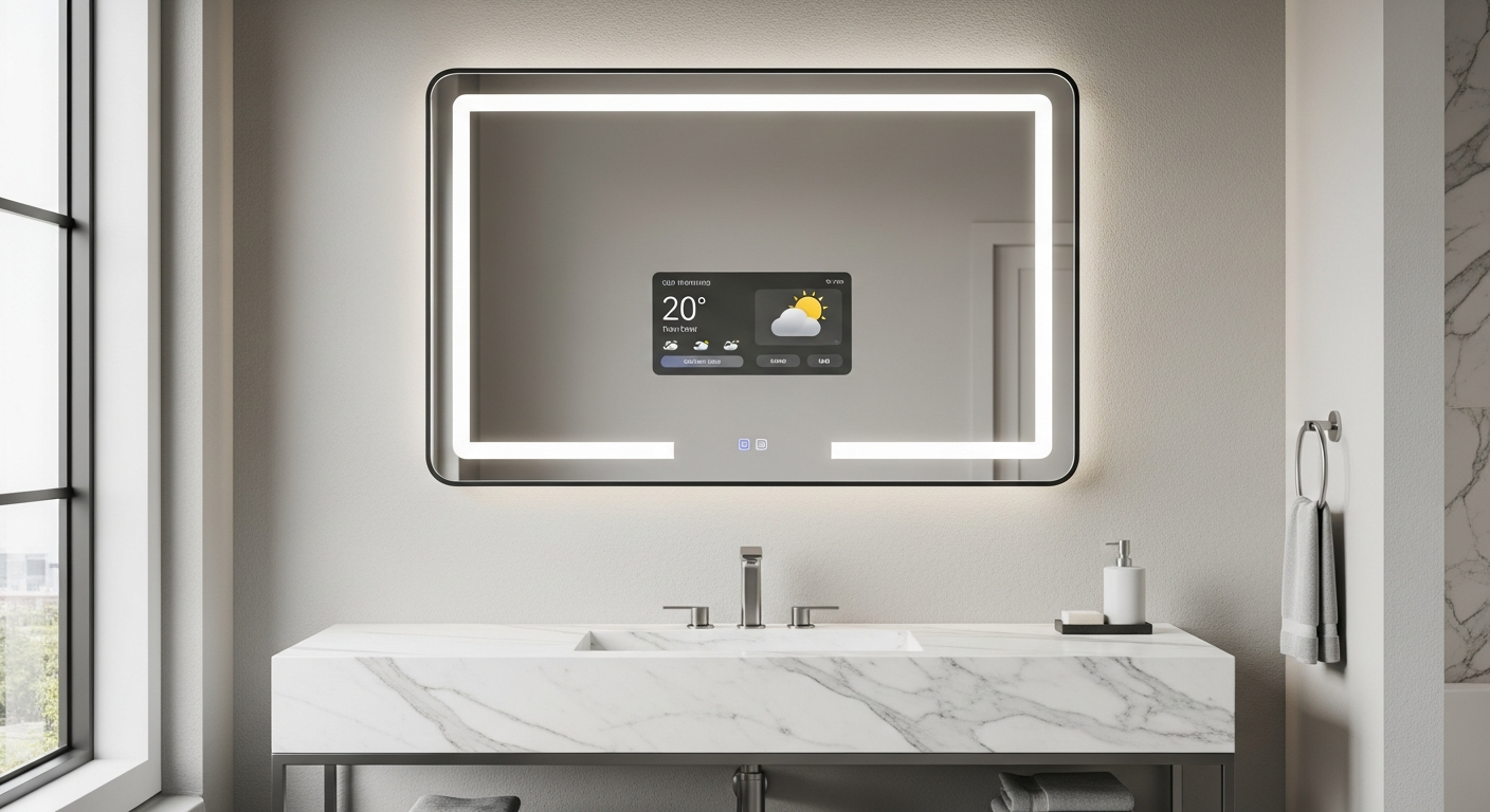 Sylvox 24-inch smart bathroom mirror TV displaying HD content in modern bathroom