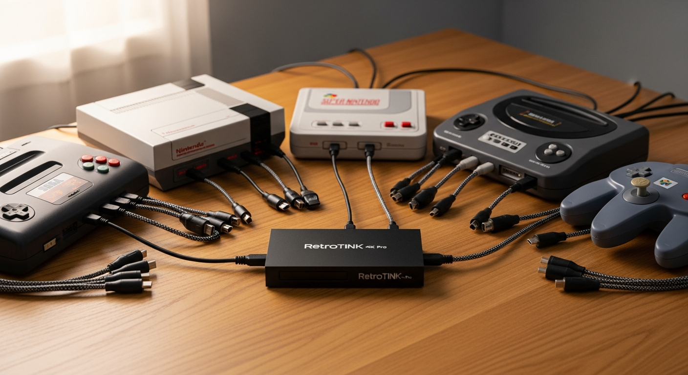 RetroTINK-4K Pro video processor connected to multiple retro gaming consoles with HDMI cables