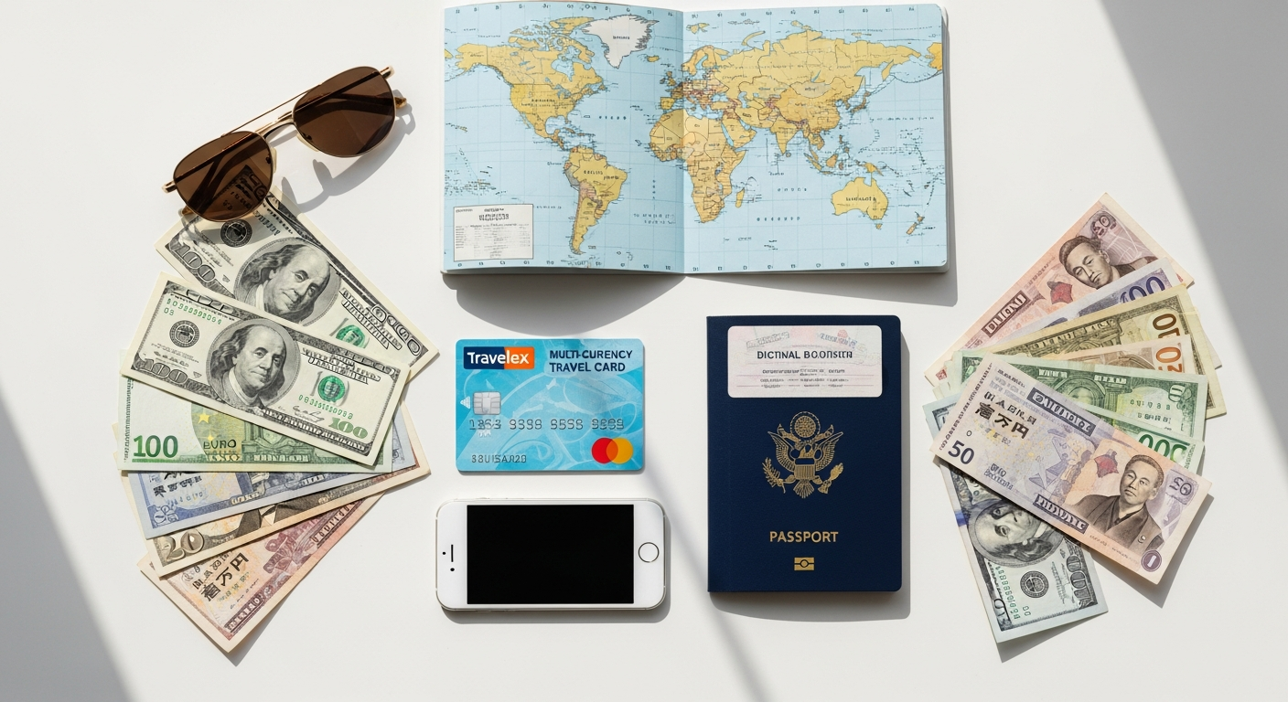 Travelex Money Card displayed with multiple currency symbols and mobile app interface