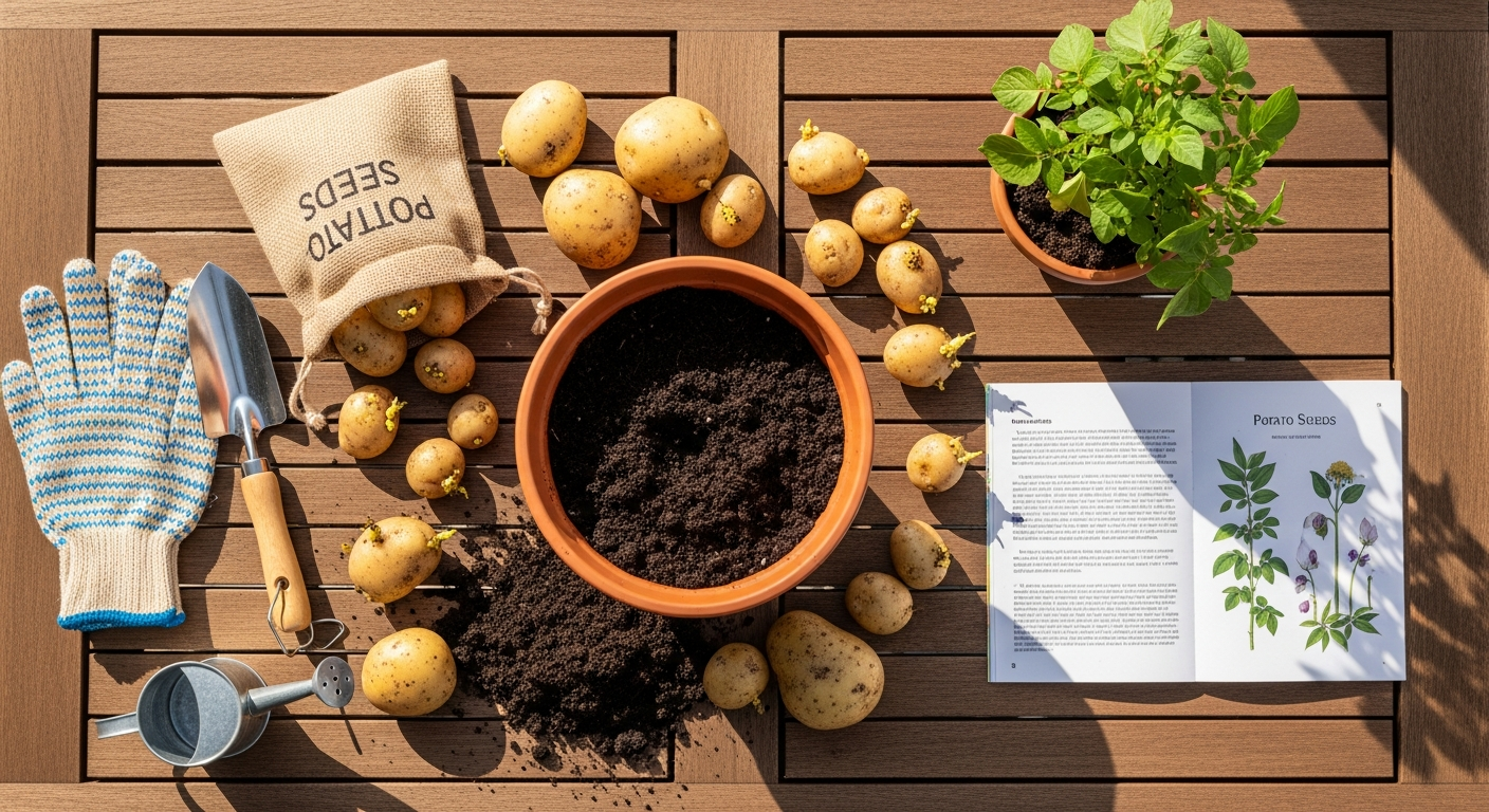 Complete Patio Potato Growing Kit with grow pots and seed potatoes displayed on a sunny patio