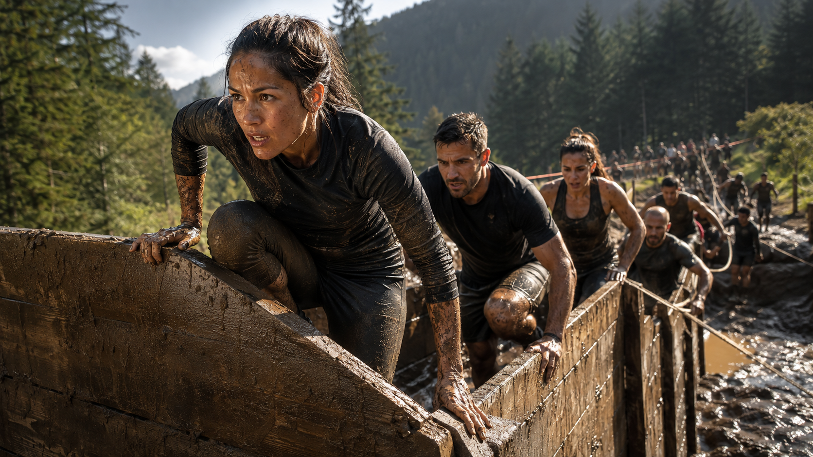 Spartan Sprint athlete crawling through mud during a challenging 5K obstacle course race