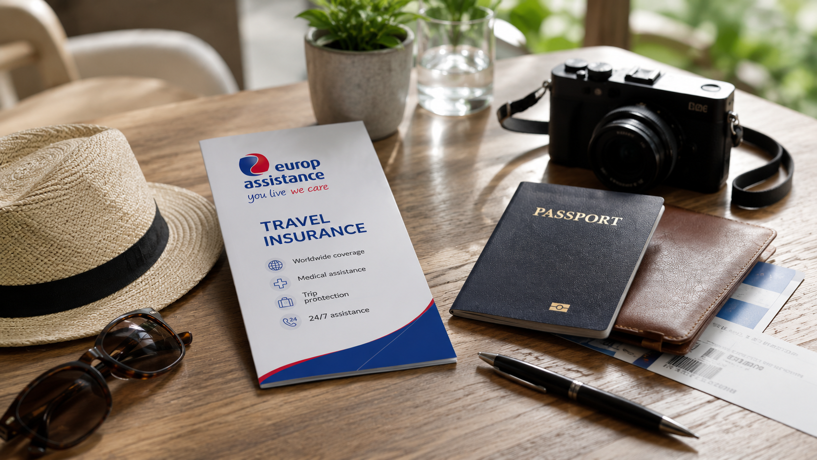 Europ Assistance travel insurance brochure displayed with passport, camera, sunglasses, hat, and travel documents on a wooden table.