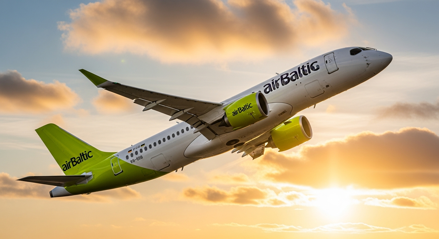 Air Baltic Airbus A220-300 aircraft flying over German landscape toward Riga