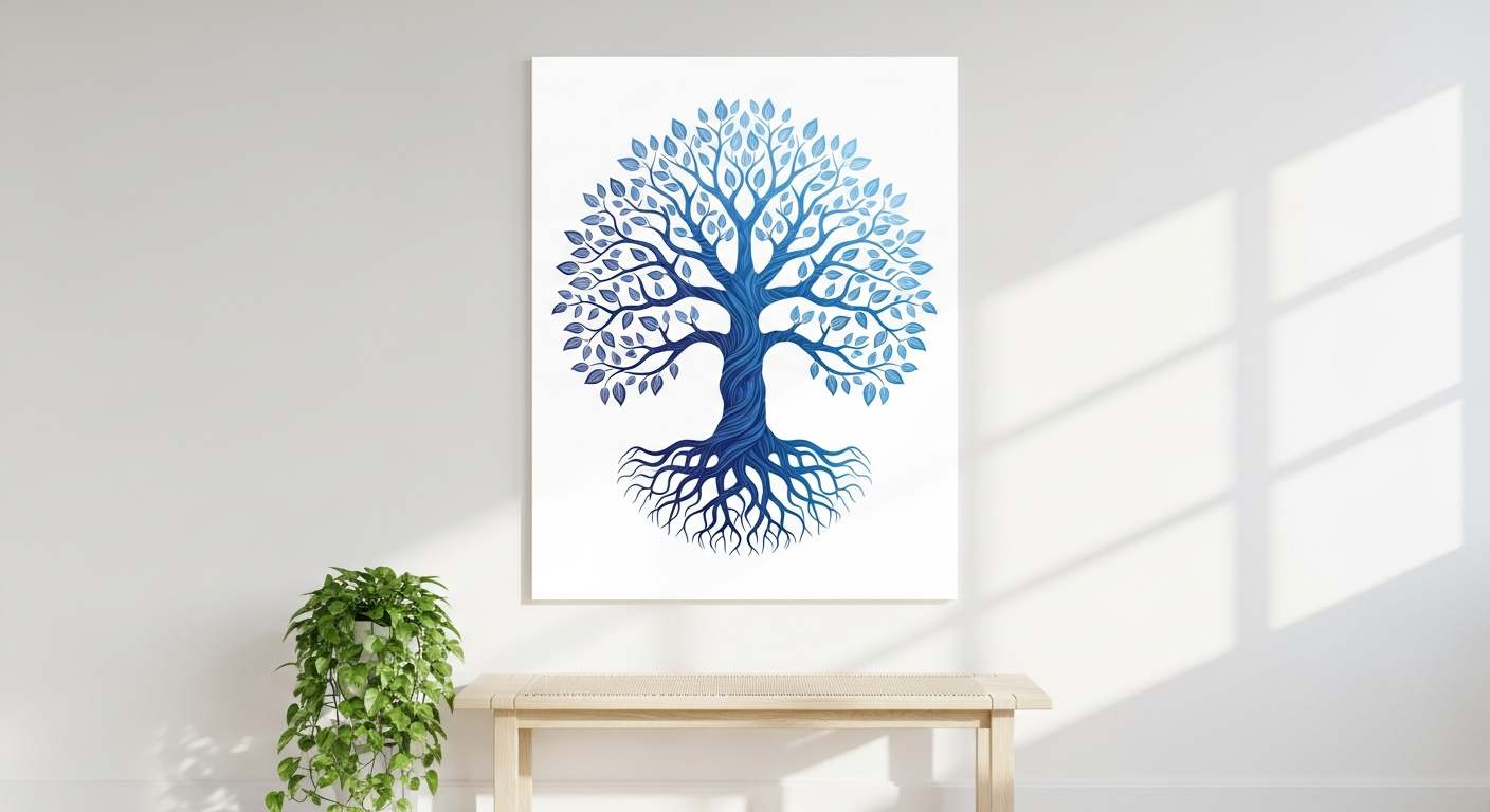 Vibrant blue Tree of Life fine art print with expressive brushstrokes and dynamic movement