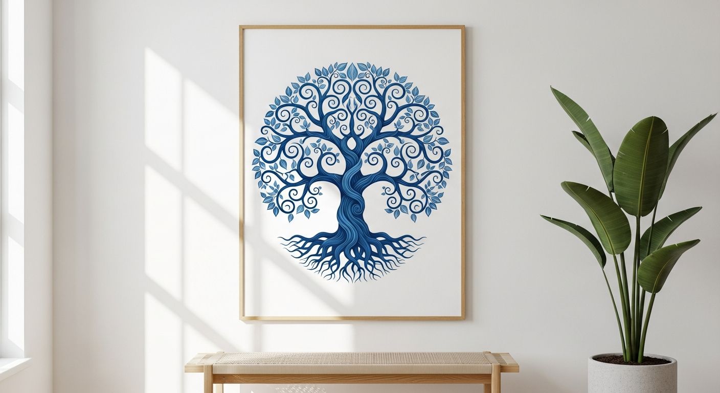 Blue Tree of Life fine art print with spiritual symbolism and vibrant colors