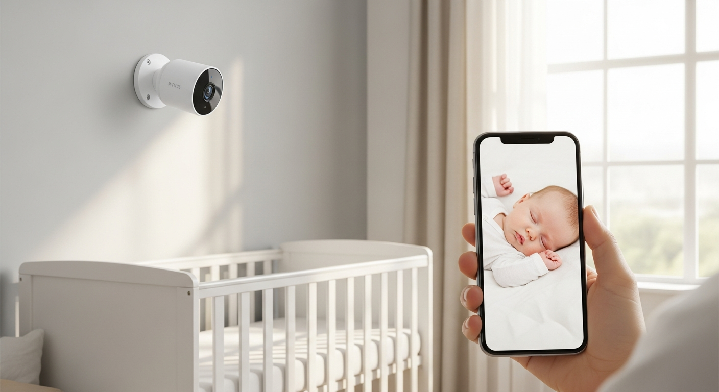 AlfredCam Indoor Security Camera mounted on shelf with night vision capability