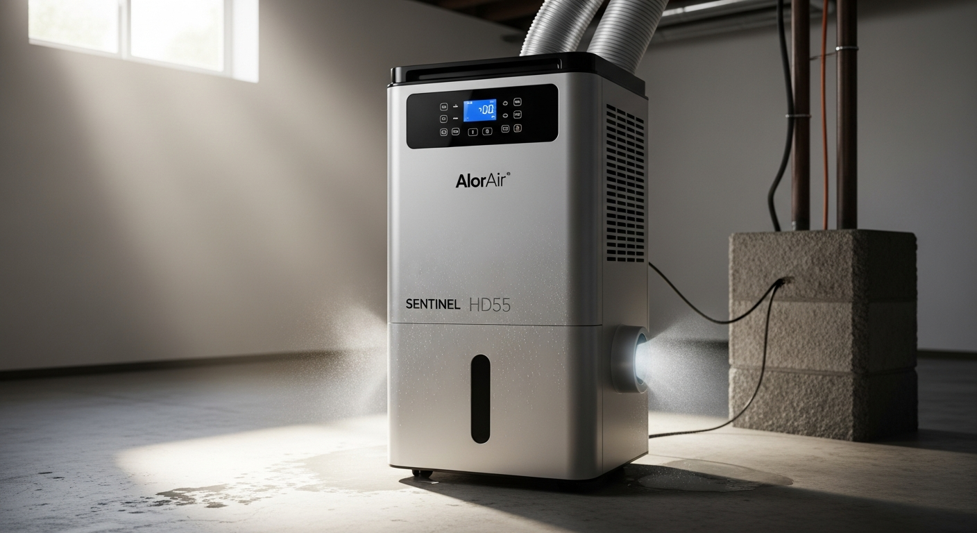AlorAir Sentinel HD55 commercial-grade dehumidifier unit in basement crawl space environment