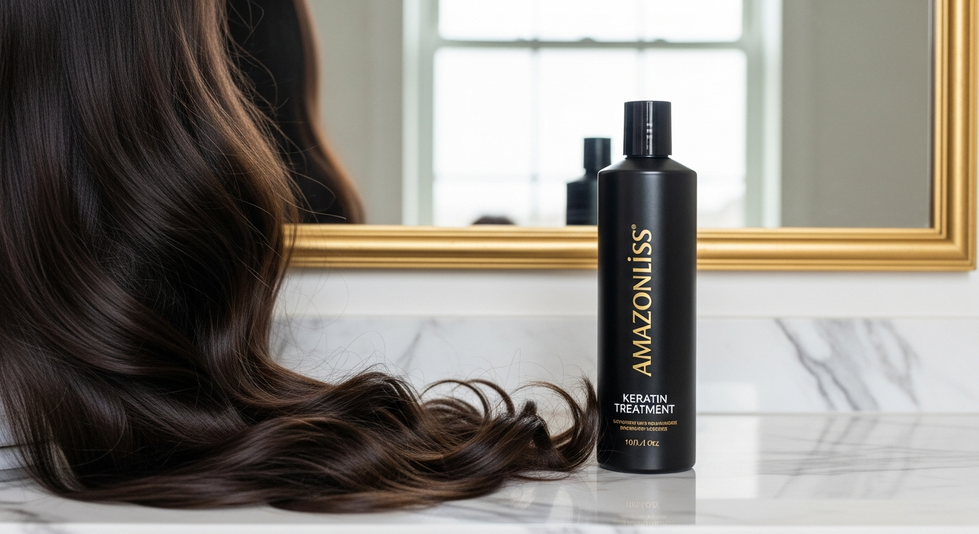 Amazonliss Brazilian Keratin Smoothing Treatment bottle with natural ingredients displayed