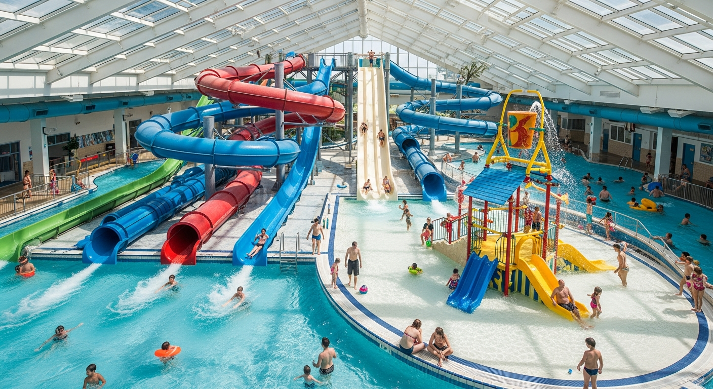 DreamWorks Water Park indoor tropical paradise with colorful water slides and attractions