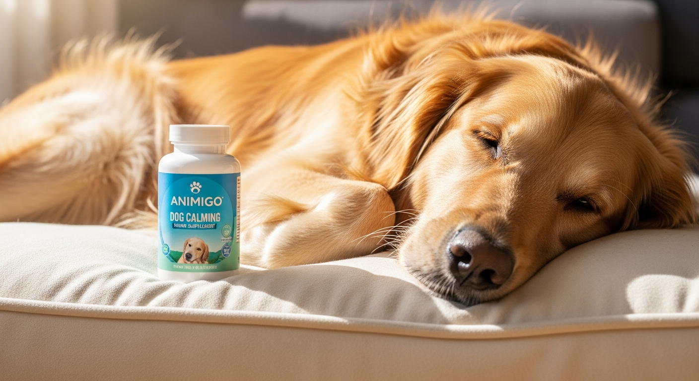 Animigo Natural Dog Calming Supplement bottle with natural ingredients and calm dog