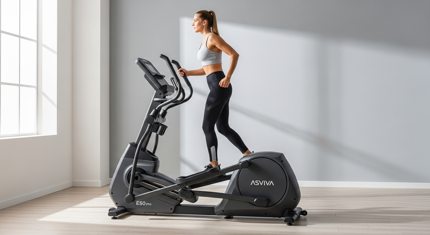 AsVIVA E50 Pro premium elliptical crosstrainer with interactive touchscreen display in home gym setting