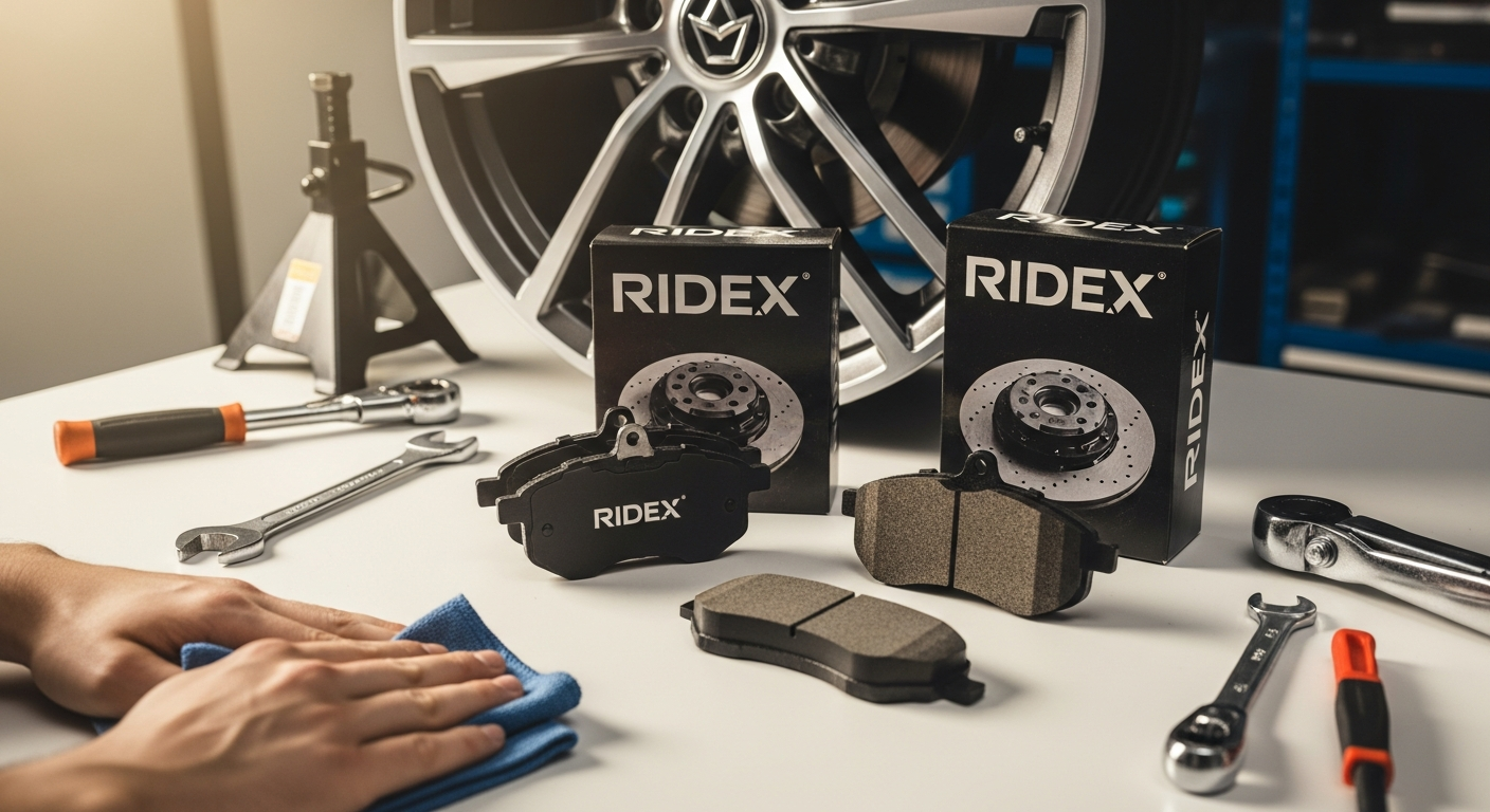 RIDEX Performance Brake Pads package displayed with European car maintenance tools