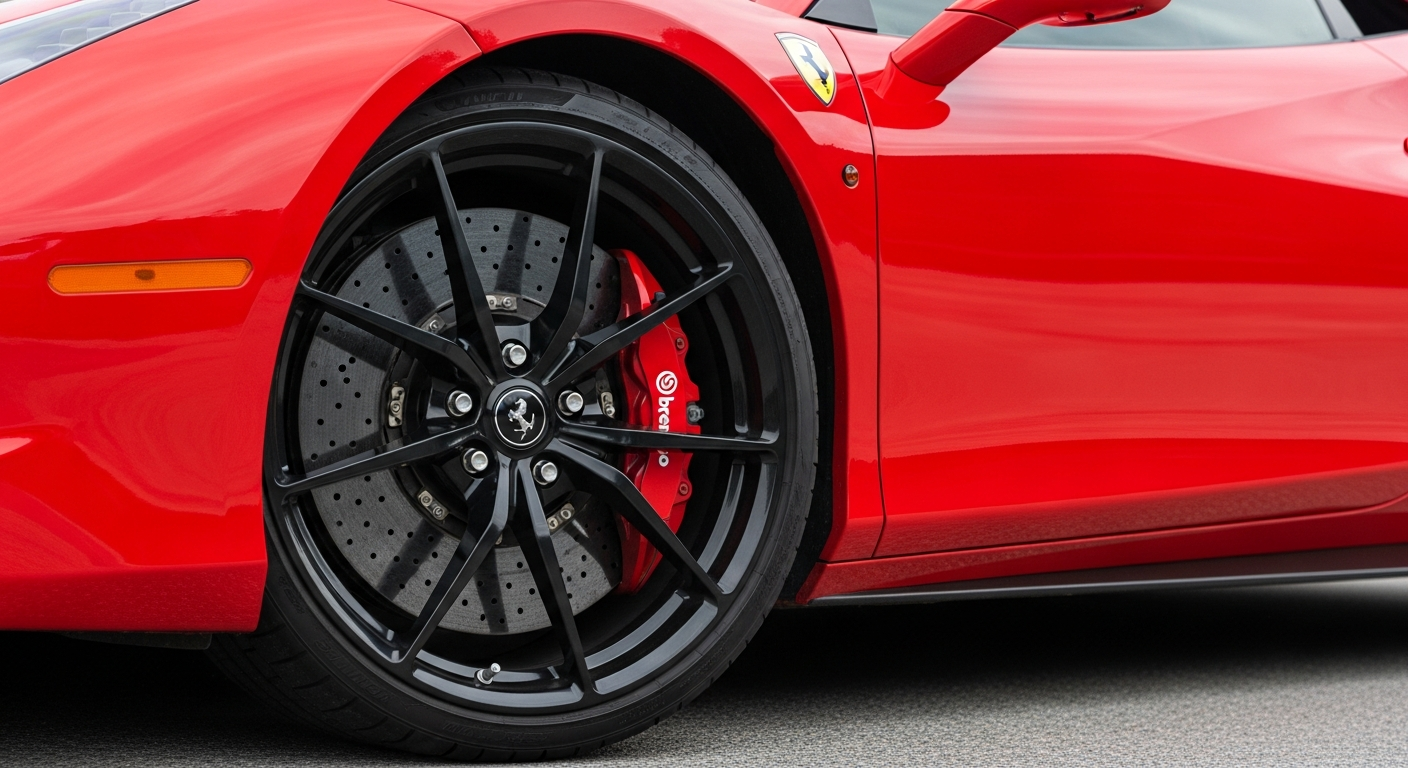 Brembo brake disc showing advanced cooling channels and drilled design technology