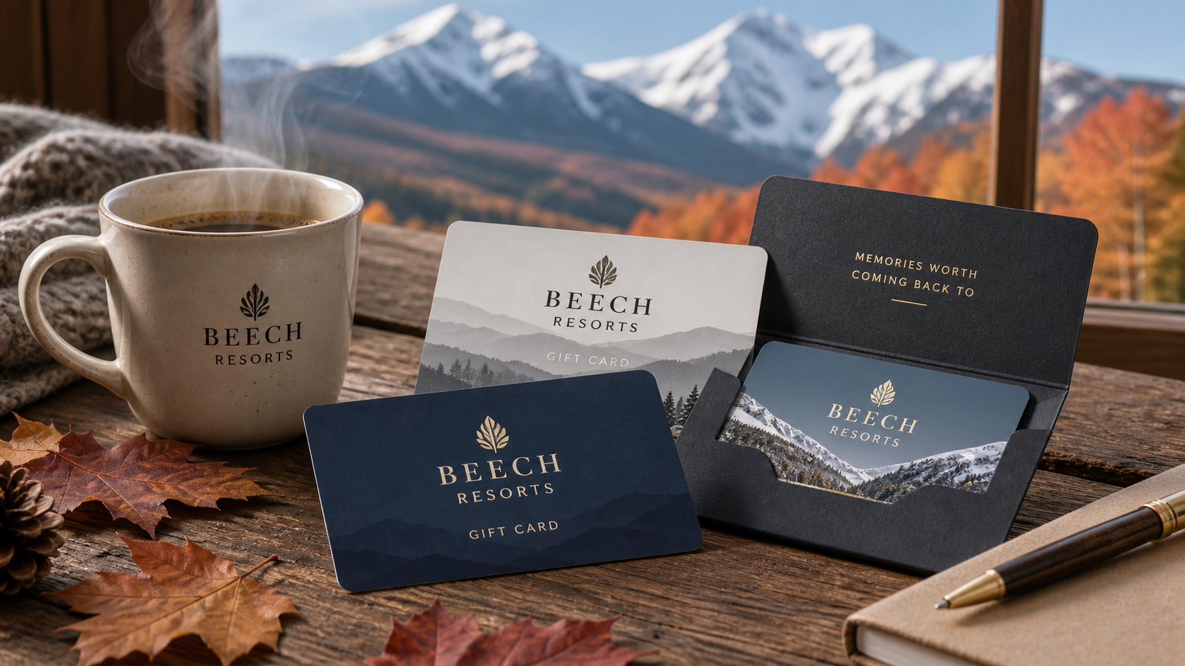 Beech Resorts gift card with mountain landscape and winter ski scenery background