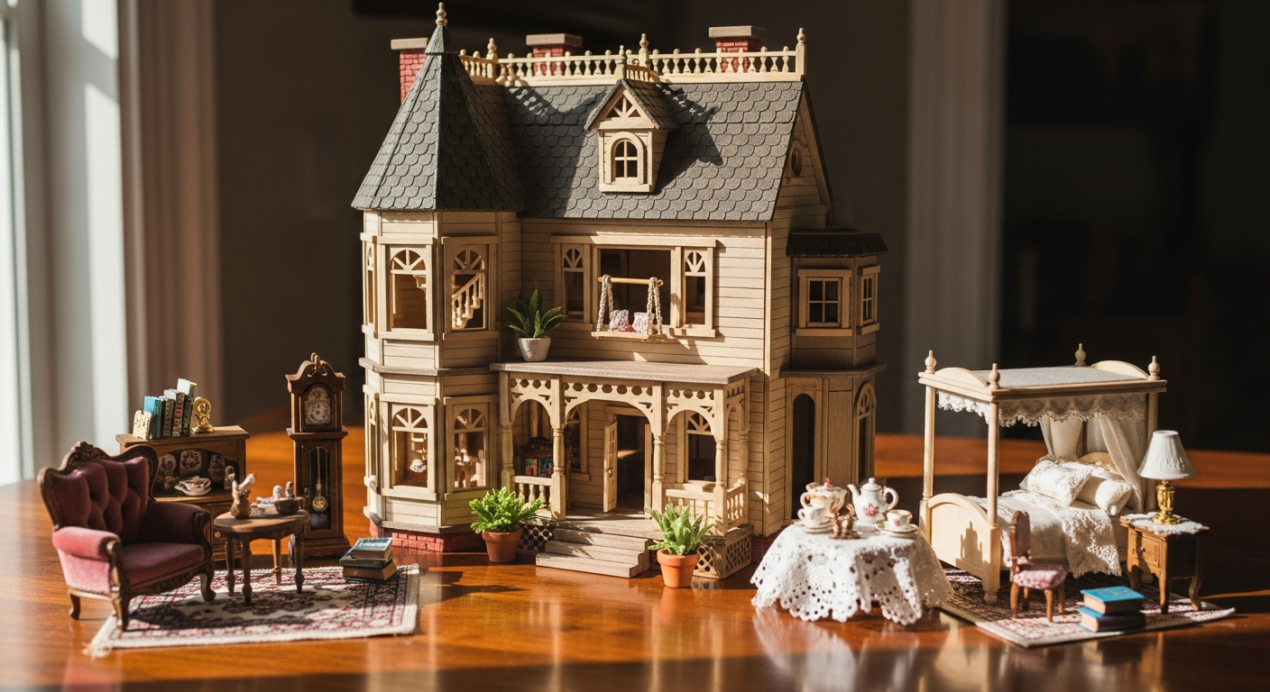 Wooden dollhouse with multiple rooms and included furniture pieces for children's imaginative play