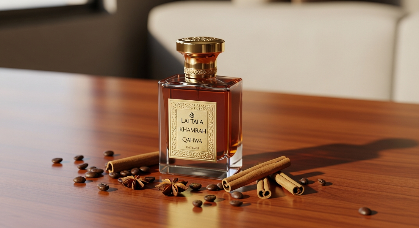 Lattafa Khamrah Qahwa Arabic perfume bottle with coffee and spice notes displayed