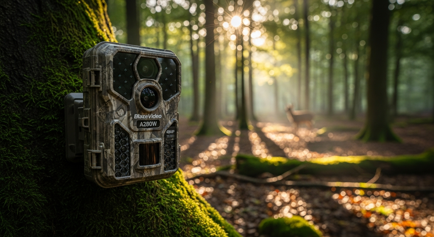 BlazeVideo A280W Wireless WiFi Trail Camera mounted on tree in forest setting
